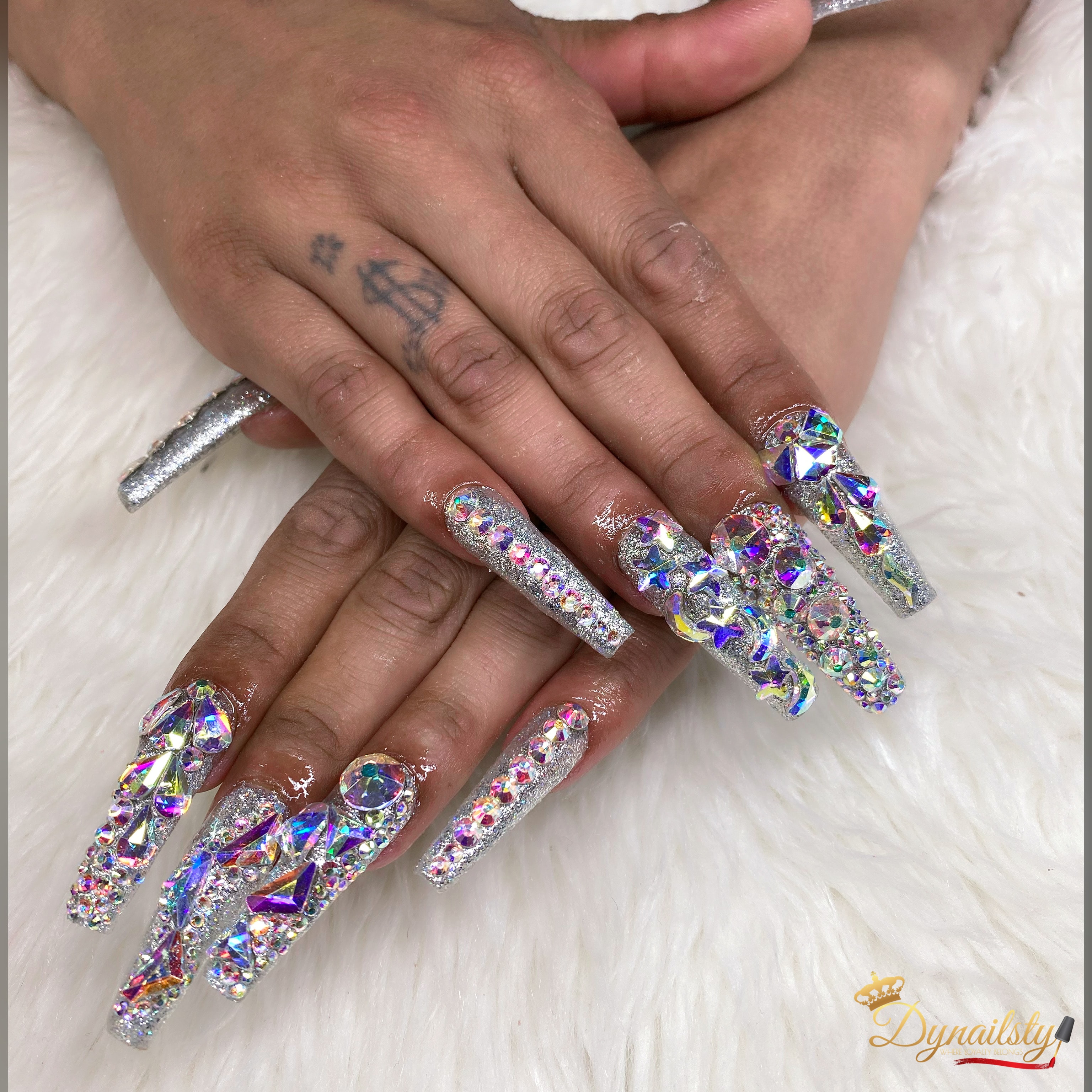 Long coffin acrylic nails with rhinestones